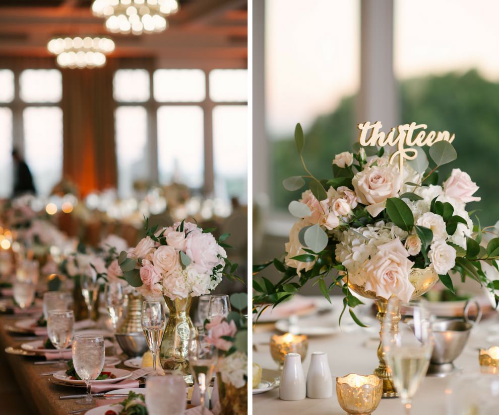 Blush Pink and Gold Wedding Reception Table Decor with Rose and White Hydrangea with Greenery Small Centerpiece in Antique GOld Vase with Gold Mercury Candle Votives and Stylish Gold Table Number, and Long Feasting Table