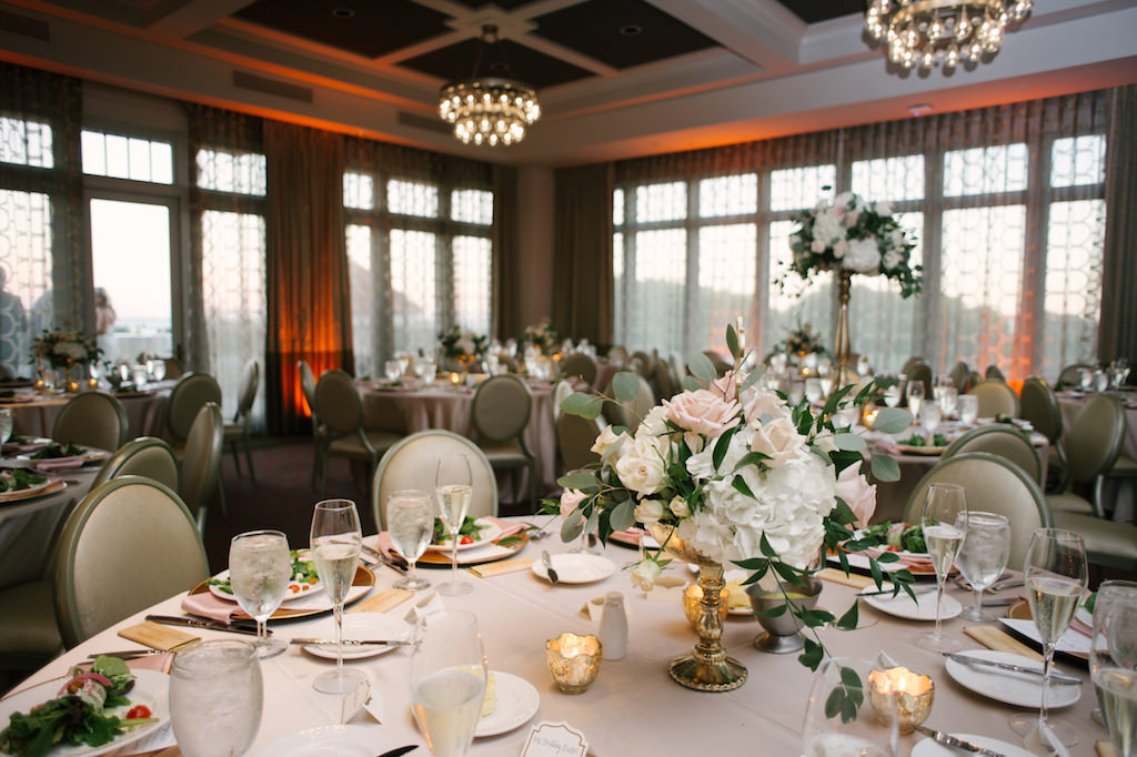 Blush Pink and Gold Wedding Reception Table Decor with Rose and White Hydrangea with Greenery Small Centerpiece in Antique GOld Vase with Gold Mercury Candle Votives and Stylish Gold Table Number | Downtown St Pete Boutique Hotel Wedding Venue The Birchwood