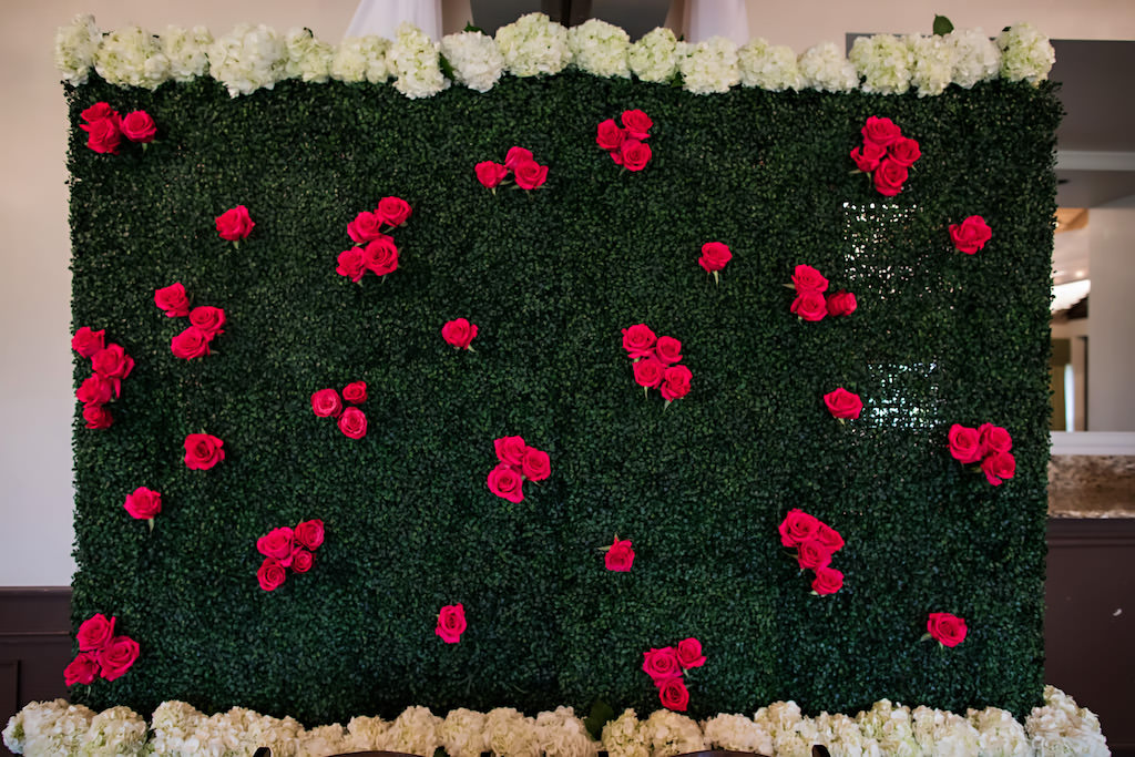 Indoor Floral Wall Backdrop with Red Roses and White Hydrangeas | Tampa Bay Wedding Florist Gabro Event Services