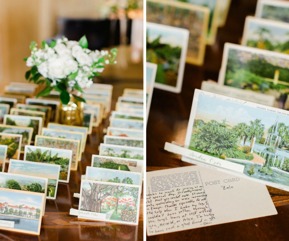Old Florida Inspired Wedding Reception Escort Card Table with Vintage Postcards and Small White Floral with Greenery in Gold Vase | Tampa Bay Wedding Planner Glitz Events