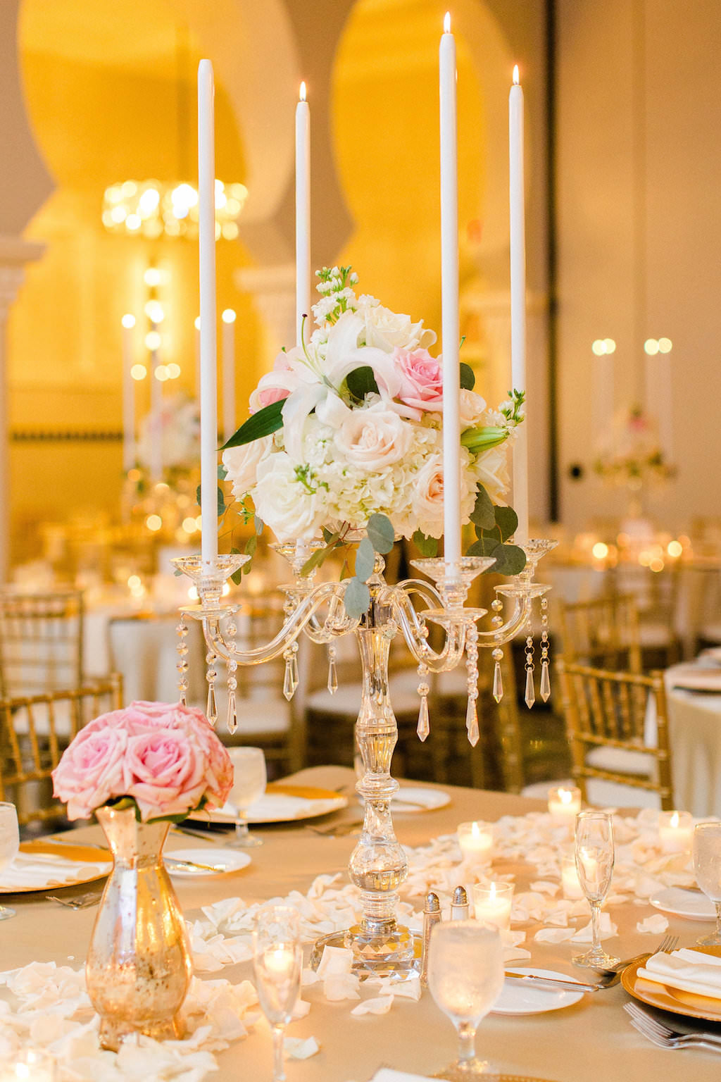 Gold and Ivory with Black and Blush Accent Hotel Ballroom Wedding Reception with Tall White, Pink and Greenery Centerpiece in Tall Candleholders with Gold Chiavari Chairs and Blush Linens | Downtown St Pete Historic Hotel Wedding Venue The Vinoy Renaissance | Tampa Bay Wedding Planner Love Lee Lane