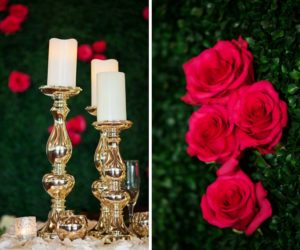 Elegant Red and Gold Wedding Reception Decor with Stylish Candleholder Centerpieces and Floral Wall Backdrop with Red Roses and Greenery | Tampa Wedding Decor Rentals Gabro Event Services