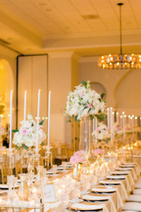 Gold and Ivory with Black and Blush Accent Hotel Ballroom Wedding Reception Long Feasting Table with Tall White, Pink and Greenery Centerpiece and Tall Candleholders with Gold Chiavari Chairs and Blush Linens | Downtown St Pete Historic Hotel Wedding Venue The Vinoy Renaissance | Tampa Bay Wedding Planner Love Lee Lane