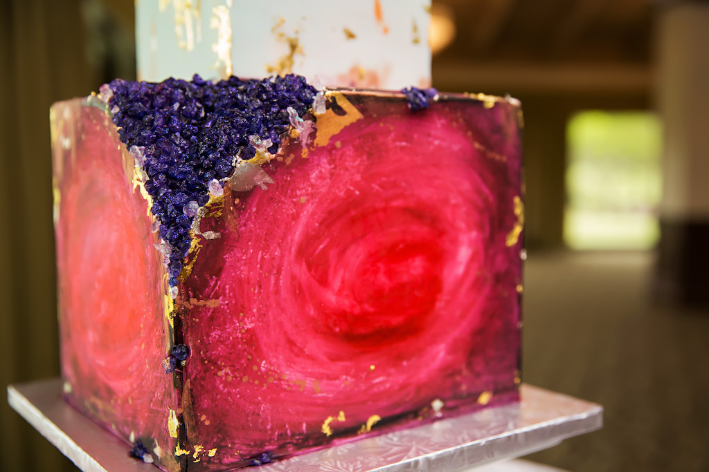 Bold, Modern Magenta, Purple, White and Gold Three Tiered Square Cube Geode Wedding Cake on White Marble Stand | Tampa Bay Wedding Bakery The Artistic Whisk