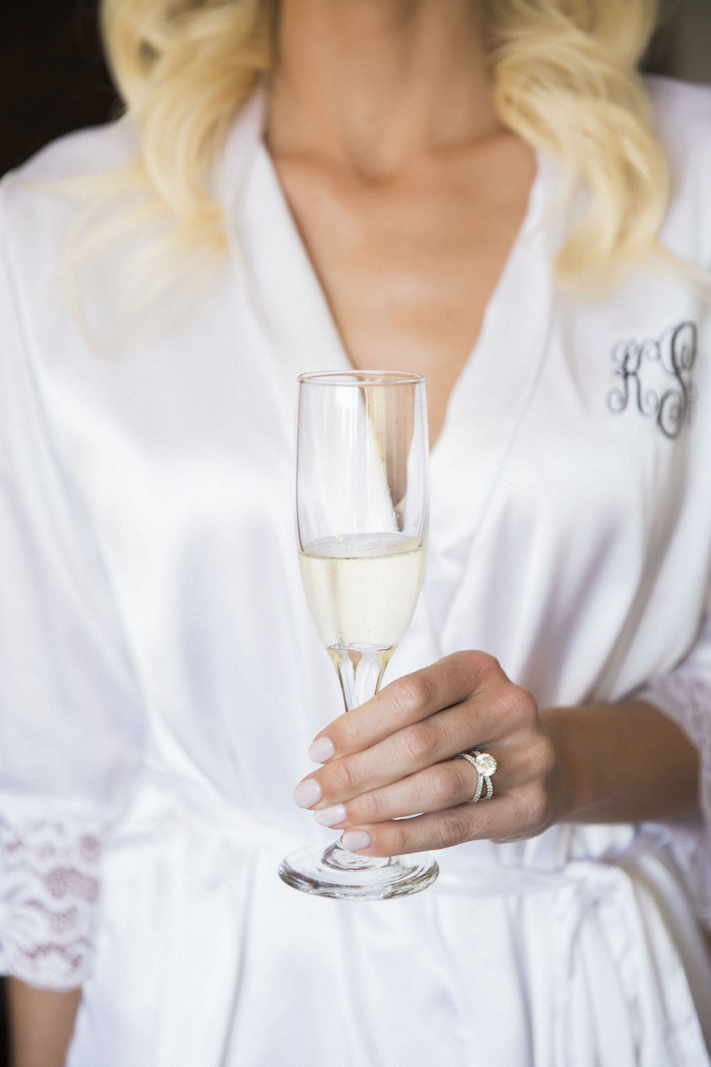 Bride Getting Ready Portrait in Monogrammed White Silk Robe with Champagne Glass | Tampa Bay Wedding Photographer K&K Photography
