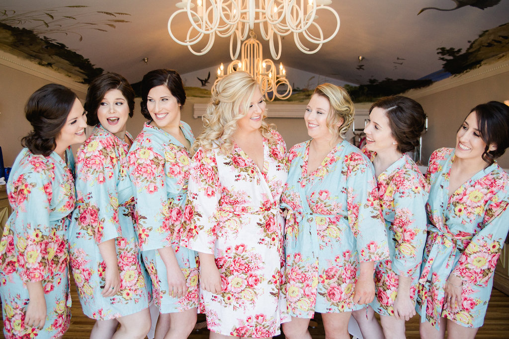 Bridal Party Getting Ready Portrait in Matching Pink and Blue Silk Floral Robes | Clearwater Wedding Photographer Ailyn La Torre Photography