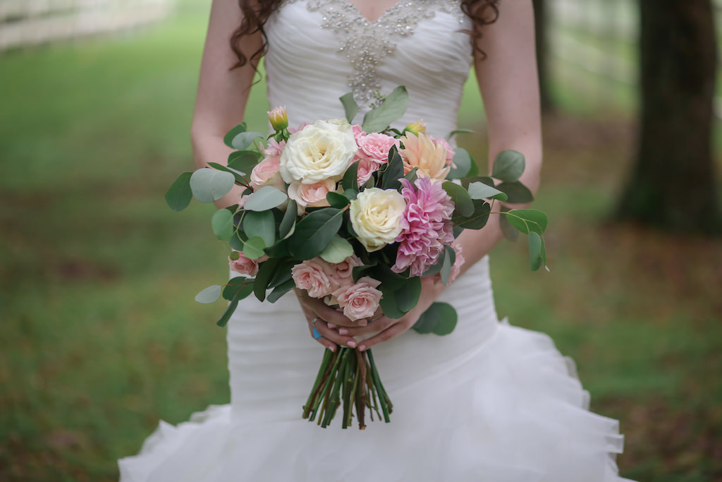 Outdoor Garden Bridal Portrait with Cream, Peach, and Blush Pink Rose and Pink Peony with Greenery | Tampa Wedding Photographer Lifelong Studios Photography