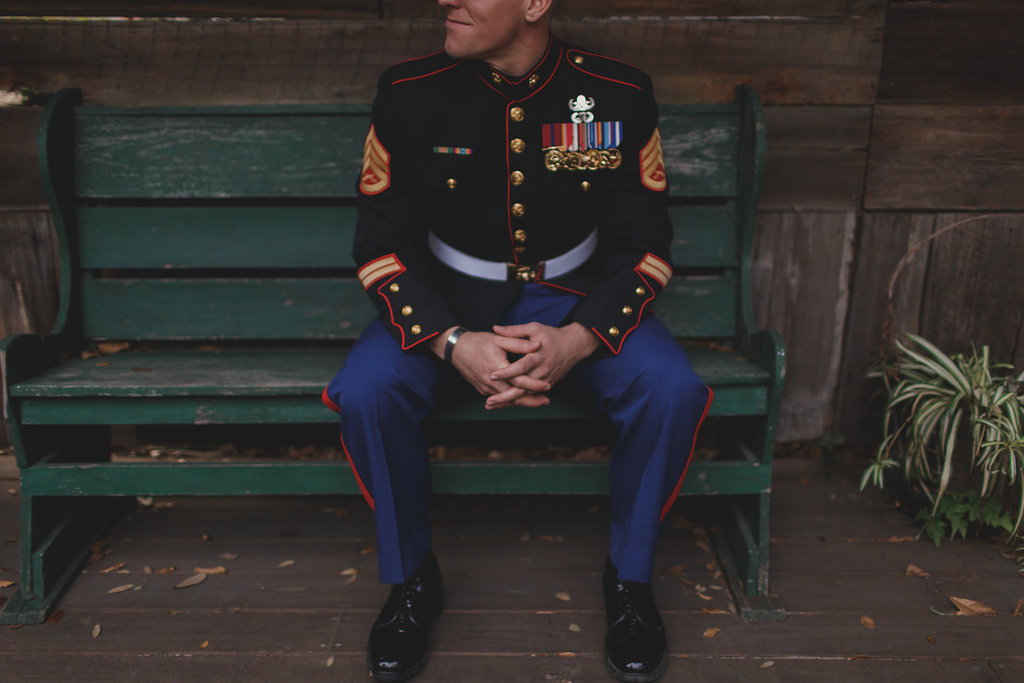 Groom Portrait in Marine Dress Uniform on Vintage Wooden Bench | Tampa Bay Wedding Photographer Stacy Paul Photography