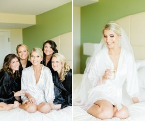 Bride Getting Ready Portrait with Bridesmaids in White and Black Satin Robes | Tampa Bay Wedding Photographer Ailyn La Torre Photography