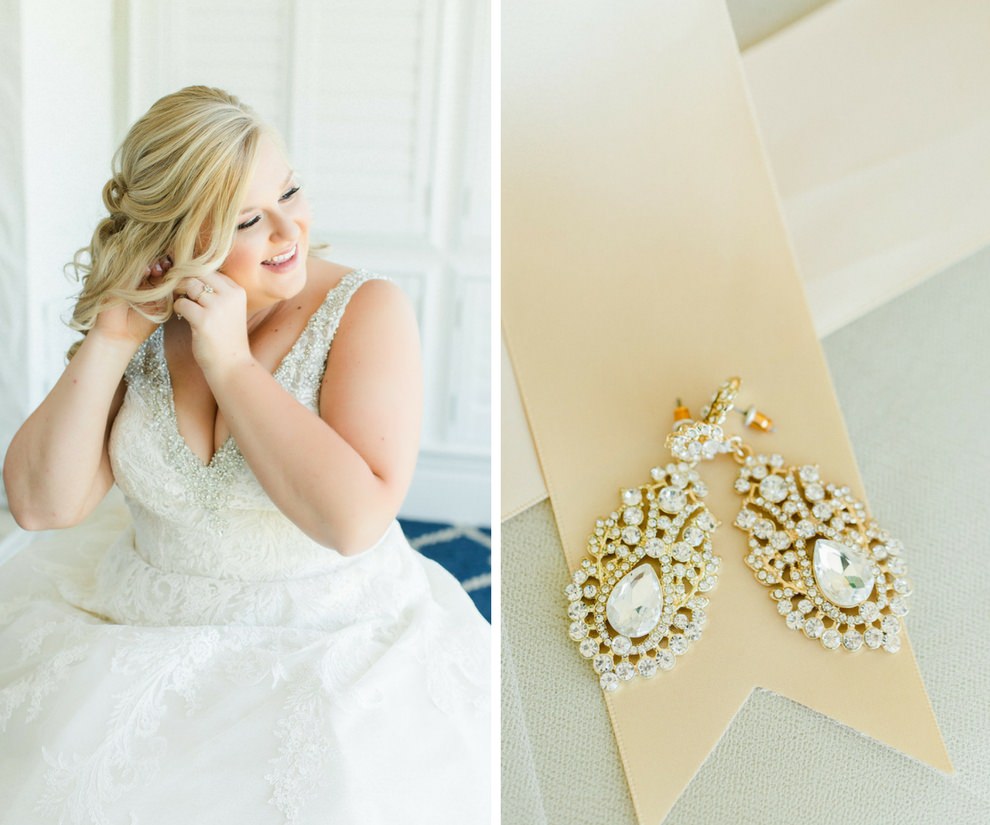 Bride Getting Ready Portrait wearing Morilee by Madeline Gardner V Neck Wedding Dress with Gold and Pearl Bridal Earrings | Clearwater Wedding Photographer Ailyn La Torre Photography