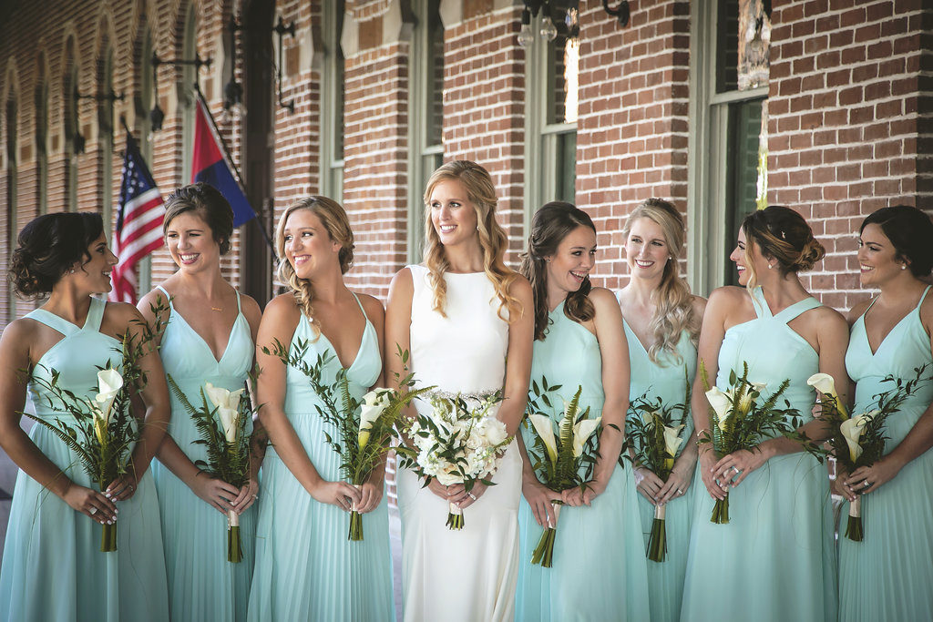 Outdoor Bridal Party Portrait, Bridesmaids in Mismatched Lulus Aqua Blue Dresses, with White Calla Lilly and Natural Greenery Bouquets | Tampa Bay Bridal Hair and Makeup Femme Akoi