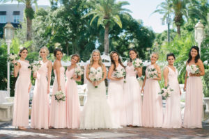 Outdoor Garden Bridal Party Portrait, Bridesmaids in Mismatched Azazi Blush Pink Floor Length Dresses, Bride in Strapless A Line Wedding Dress with White, Blush, and Greenery Bouquets | Downtown St Petersburg Wedding Venue The Birchwood