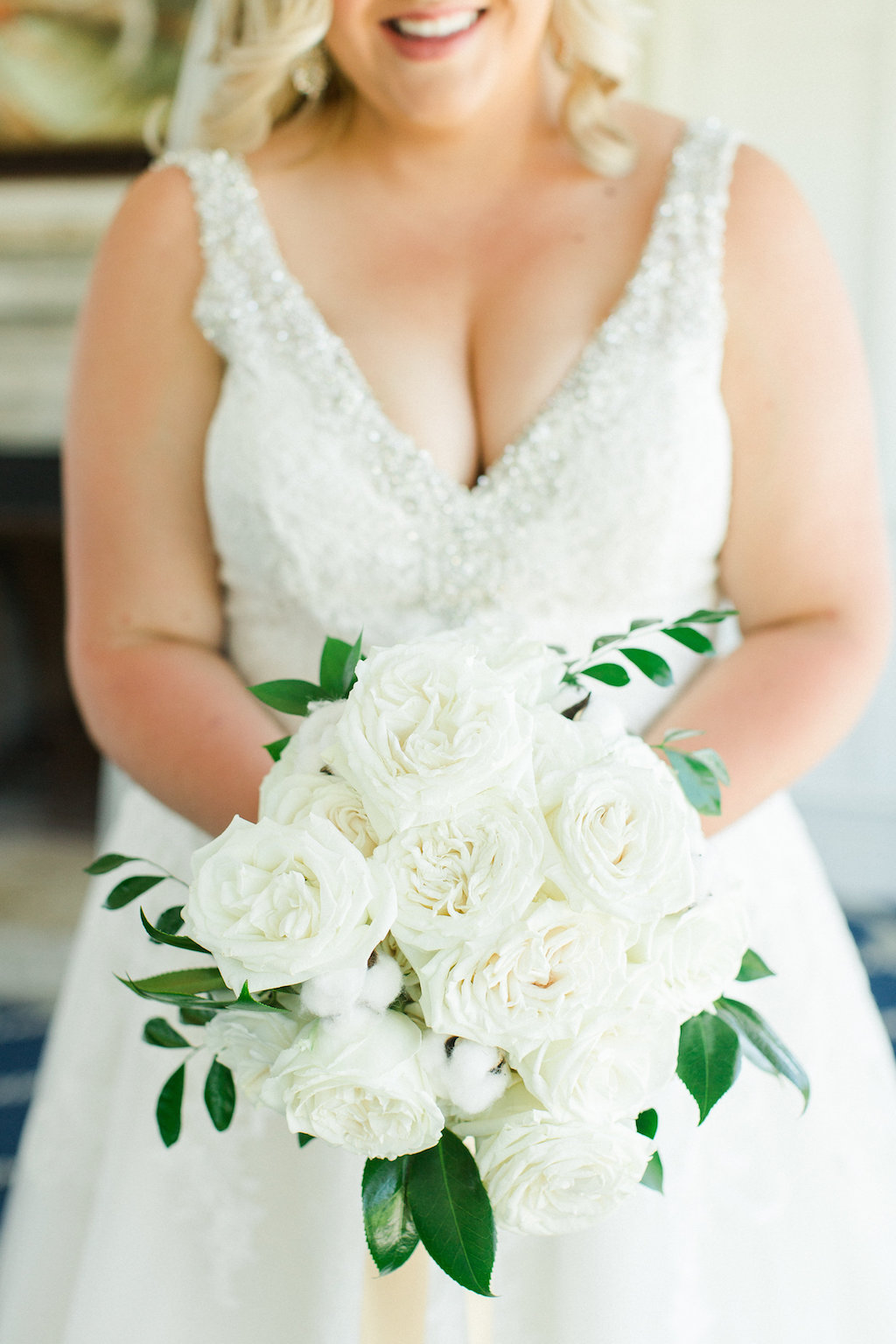 Bridal Portrait in Beaded V Neck Morilee by Madeline Gardner Wedding Dress with White Garden Rose and Greenery Bouquet | Tampa Bay Wedding Photographer Ailyn La Torre Photography