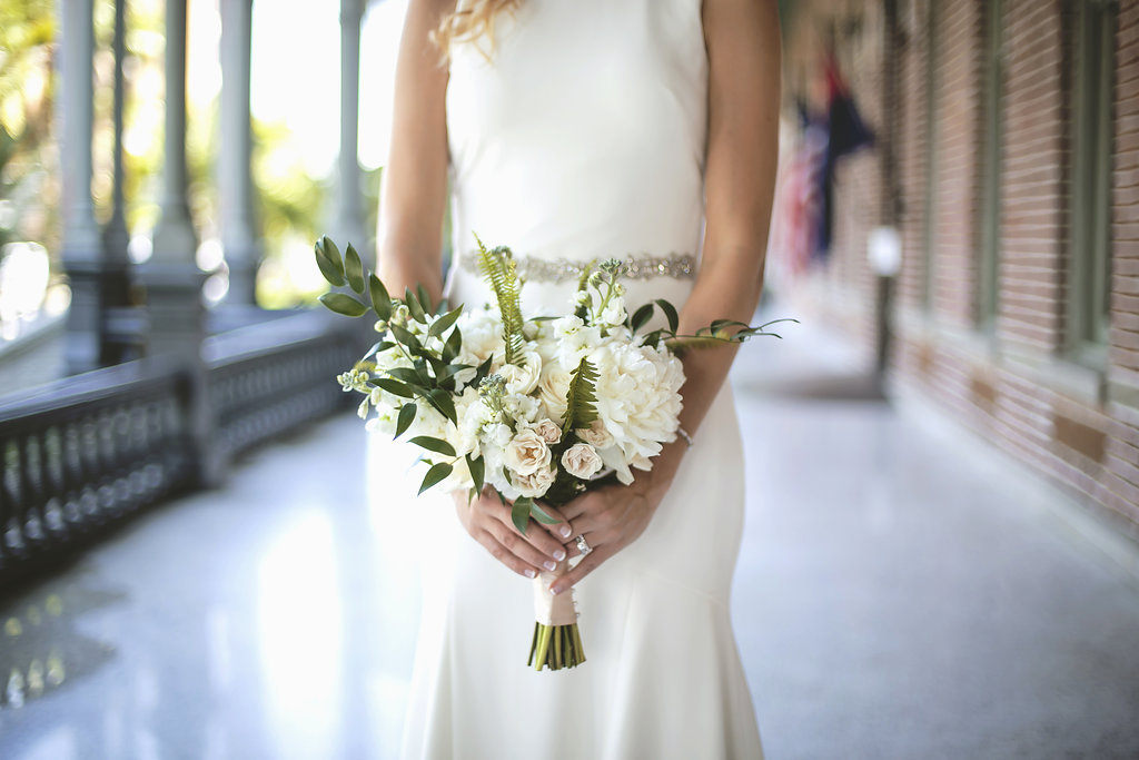 Outdoor Bridal Portrait with White and Cream Floral with Natural Greenery Bouquet