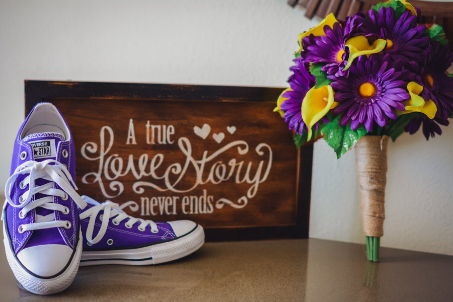 Purple Converse Sneaker Bridal Wedding Shoes, and Purple Daisy and Yellow Calla Lily Bouquet with Greenery | Tampa Bay Disney Themed Wedding