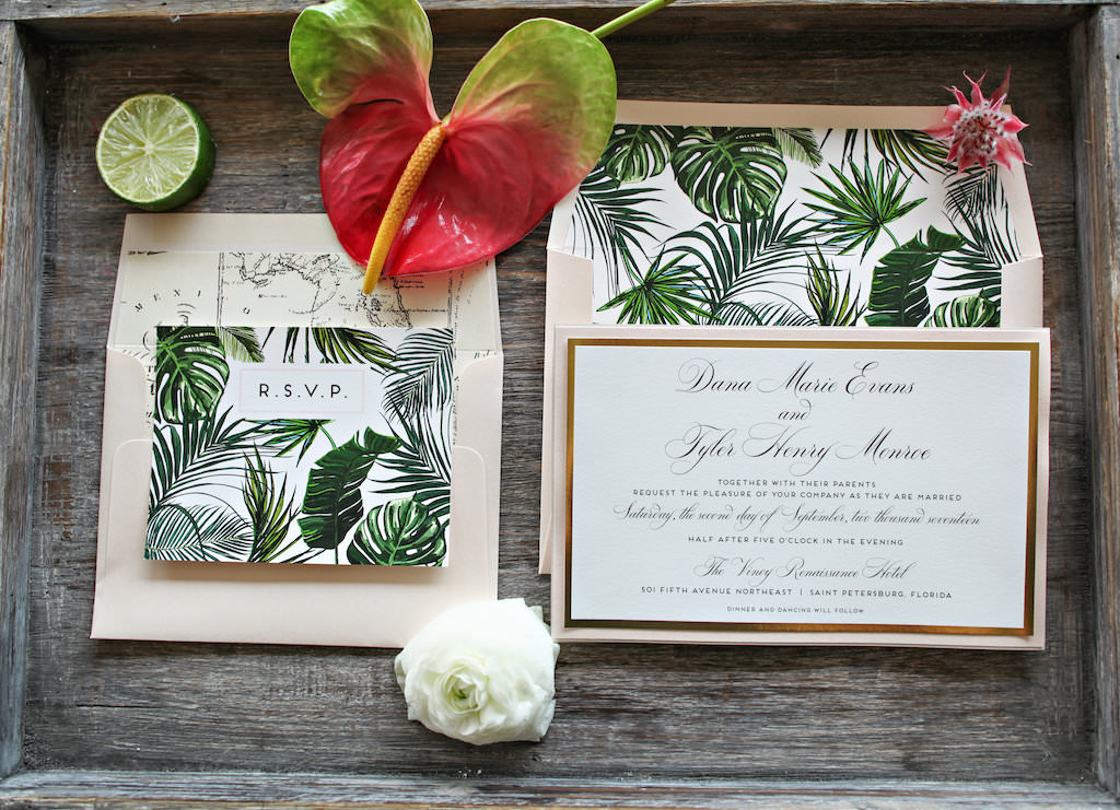 Tropical Havana Cuban Latin Inspired Green Fernon White Wedding Invitation Suite with Gold Foil, and Vintage Map Envelope