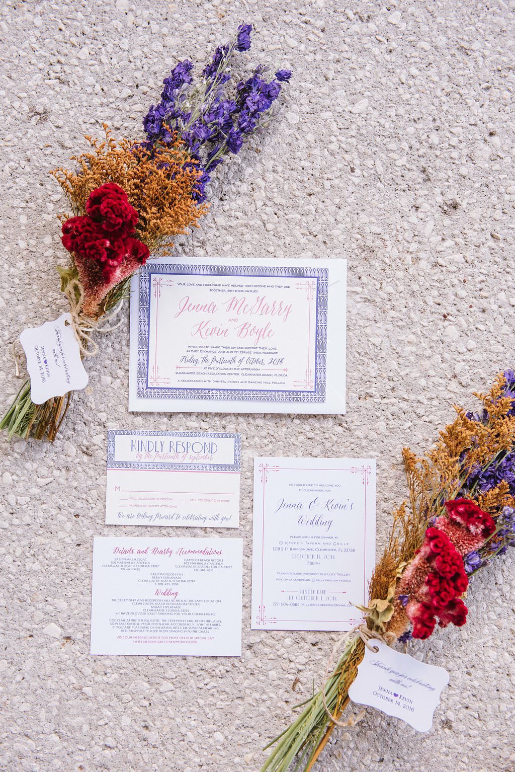 Purple and White with Pink Lettering Wedding Invitation Suite