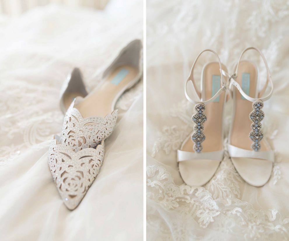 Open Toe Blue Beaded Wedding Shoes and Pointed Floral Ballet Flat Wedding Shoes