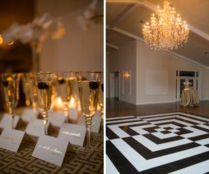 Modern, Sophisticated Black, White and Gold Wedding Reception with Geometric Dance floor, Gold Linen, Gold Printed Escort Cards with Champagne | Tampa Bay Wedding Planner UNIQUE Weddings and Events | Wedding Stationery and Papergoods URBANcoast