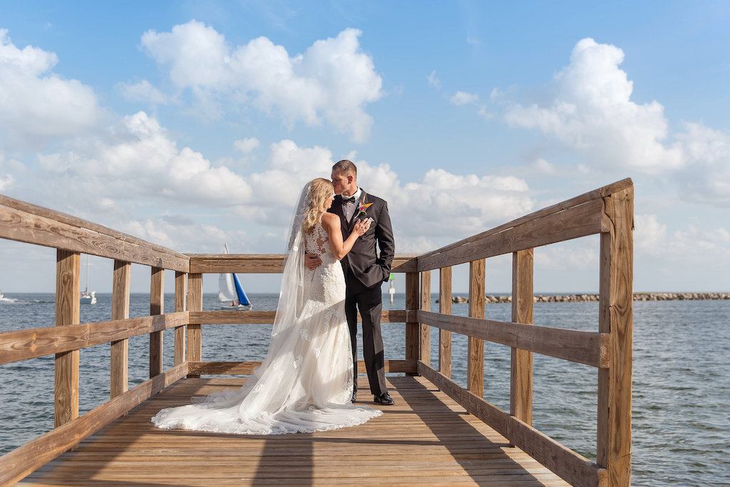 Old Florida Themed Outdoor Waterfront Bride and Groom Wedding Portrait on Dock | St Pete Wedding Photographer Kristen Marie Photography