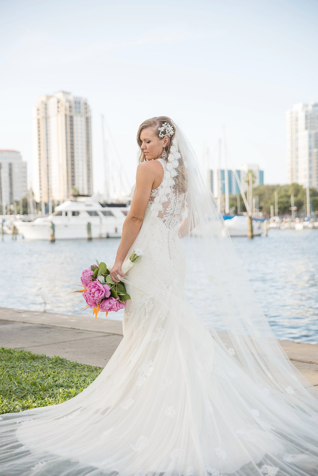 Outdoor Waterfront Bridal Portrait with Pink Peony with Greenery Bouquet and Long Vintage Wedding Veil | St Pete Wedding Photographer Kristen Marie Photography
