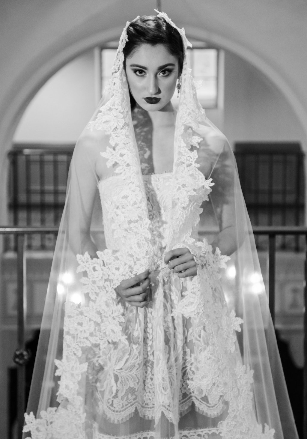 Vintage Havana Latin Inspired Bridal Style Portrait, with Floral Lace Veil