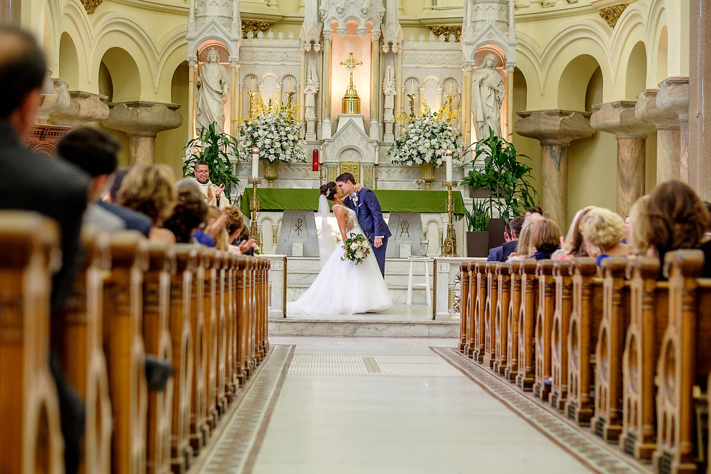 Traditional Wedding Ceremony First Kiss Portrait | Downtown Tampa Wedding Venue Sacred Heart Catholic Church | Wedding Photography Marc Edwards Photographs