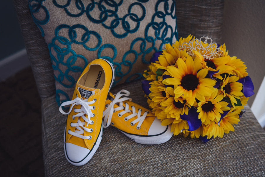 Yellow Converse Sneaker Bridal Wedding Shoes with Yellow Sunflower and Purple Calla Lily Bouquet and Princess Tiara | Tampa Bay Disney Inspired Wedding