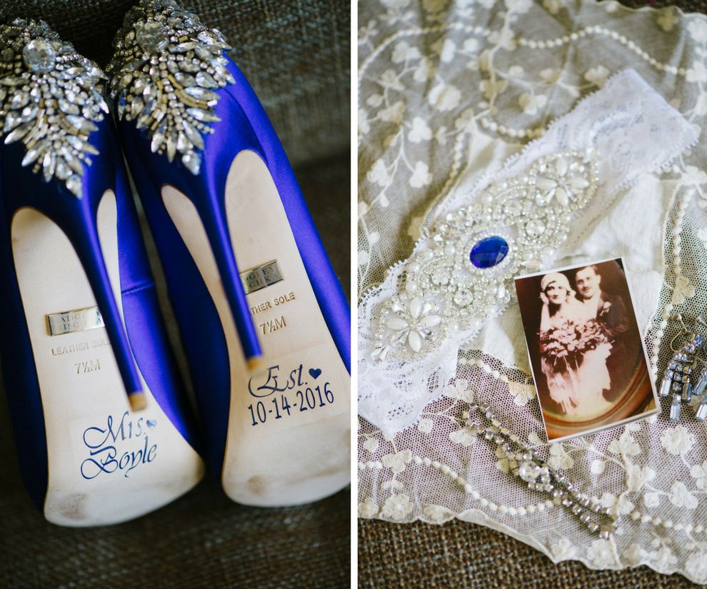 Blue Stiletto Wedding Shoes with Bejeweled Heels and Custom Mrs. and Wedding Date Stickers on Soles | Vintage Lace Bridal Accessories