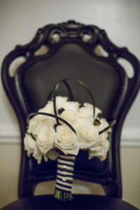 Modern White Rose Wedding Bouquet with Black and White Striped Ribbon and Black Accents