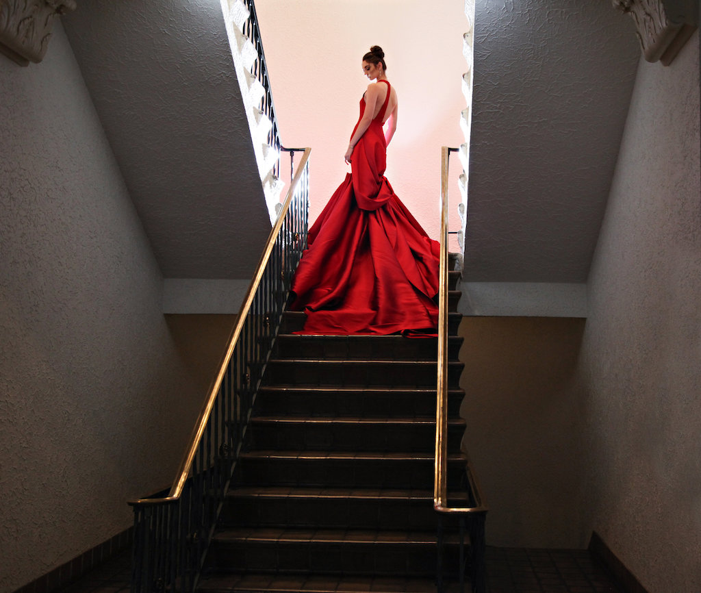 Bridal Exit Portrait in Red Halter Trumpet Wedding Dress