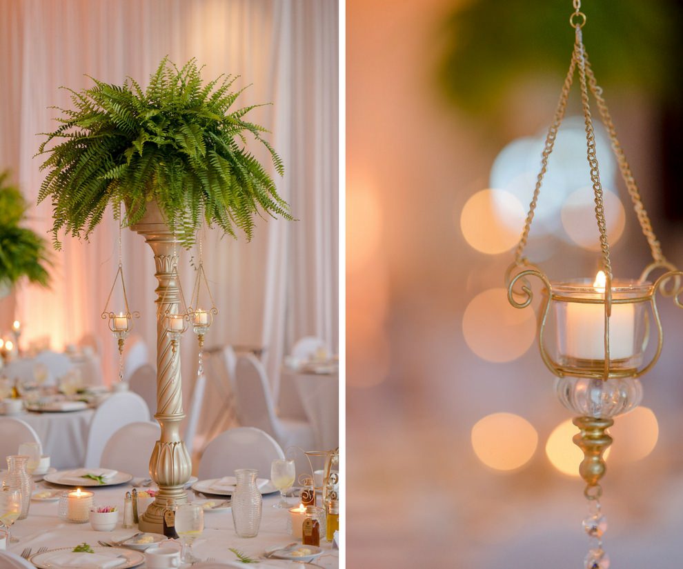 White and Greenery Wedding Reception with Tall Fern Centerpieces in Gold Pillar Vases with Hanging Glass Candleholders | White Draping by Wedding Rental Company Gabro Event Services