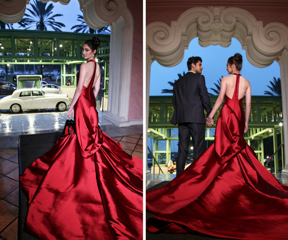 Bride and Groom Outdoor Wedding Exit Portraitwith Classic Car, Bride in Red Satin Halter Dress | Downtown St Pete Venue Vinoy Renaissance