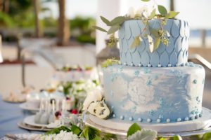 Two Tiered Hand-painted Light Blue and White Wedding Cake with White Floral Cake Topper with Greenery on Silver Cakestand for Outdoor French Countryside Inspired Wedding | Tampa Bay Wedding Cake and Dessert Bakery Alessi Bakery