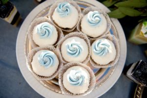 French Countryside Inspired Wedding with Blue and White Cupcakes on Silver Tray | Tampa Wedding Dessert Bakery Alessi Bakery