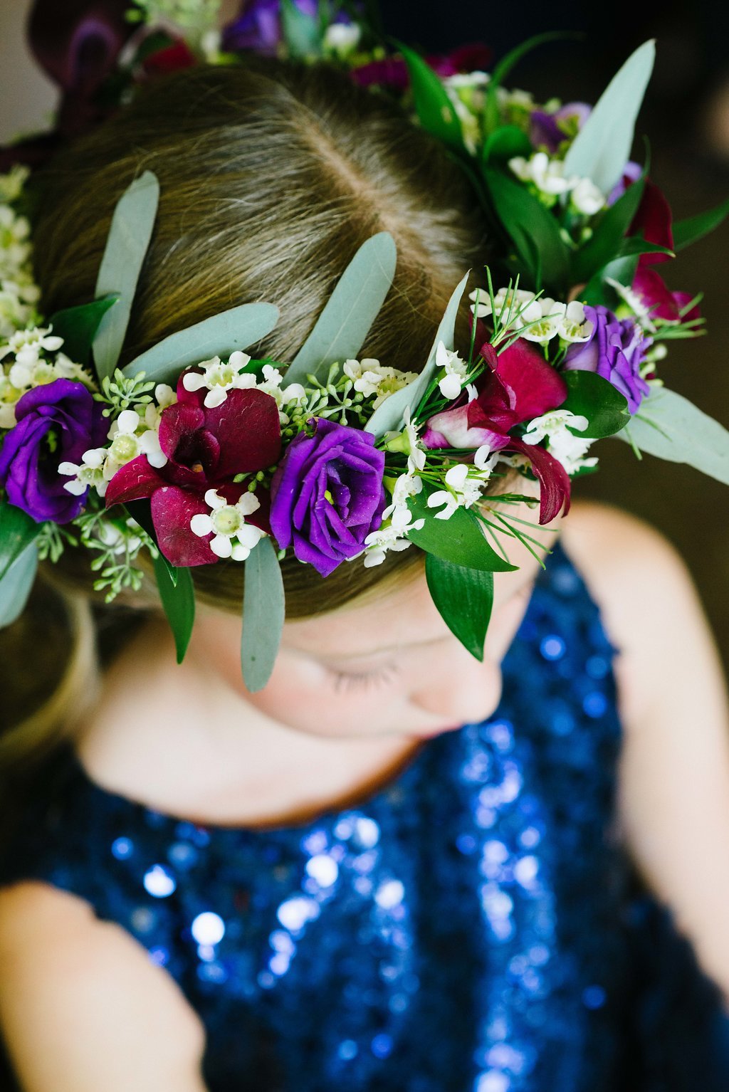 Purple, Dark Red and Greenery Flower Crown on Flower Girl in Midnight Blue Sequin Dress