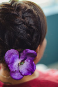 Bridal Getting Ready Portrait with Braided Updo and Purple Orchid Flower