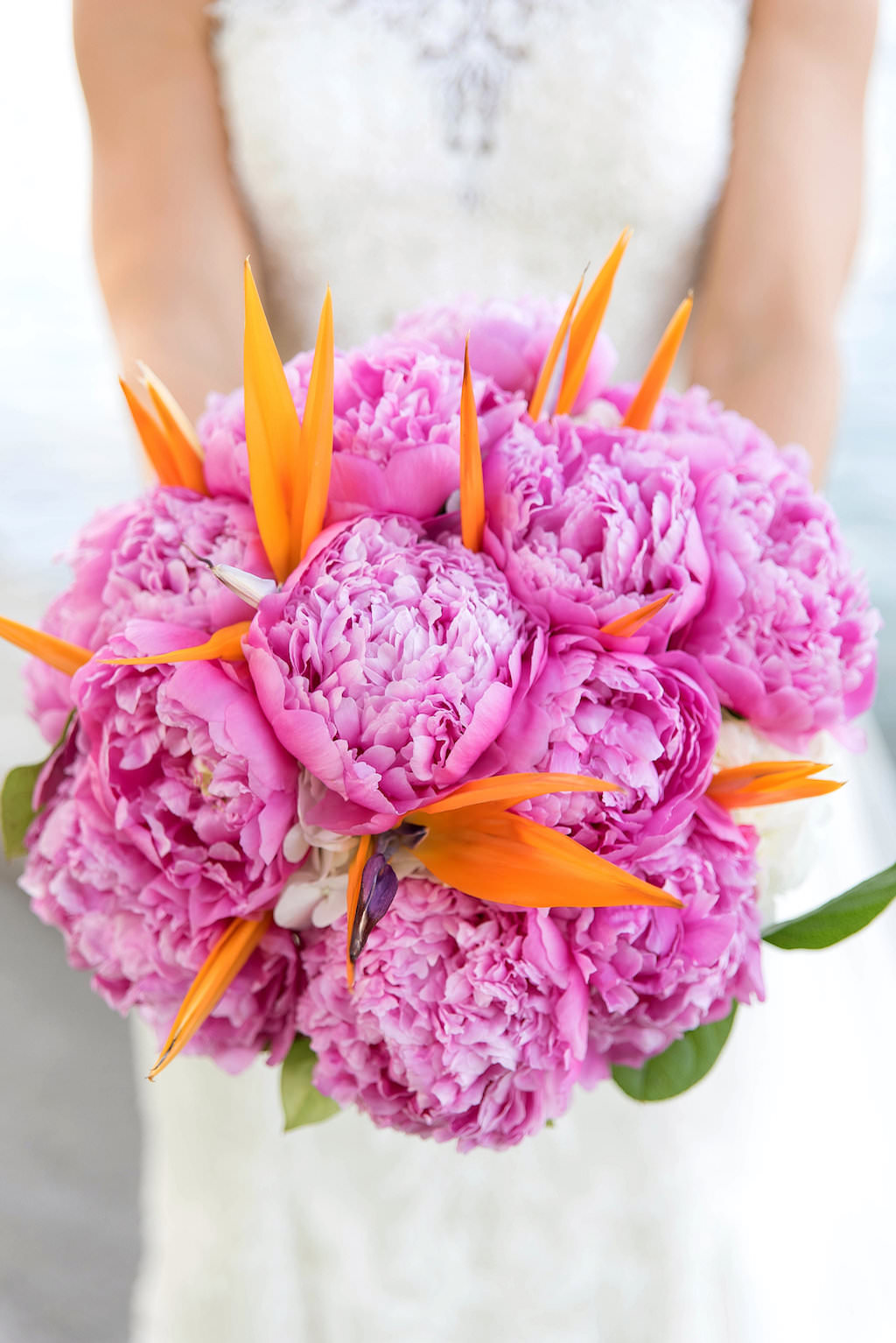 Tropical Wedding Bouquet with Pink Peonies and Orange Bird of Paradise Flowers and Greenery