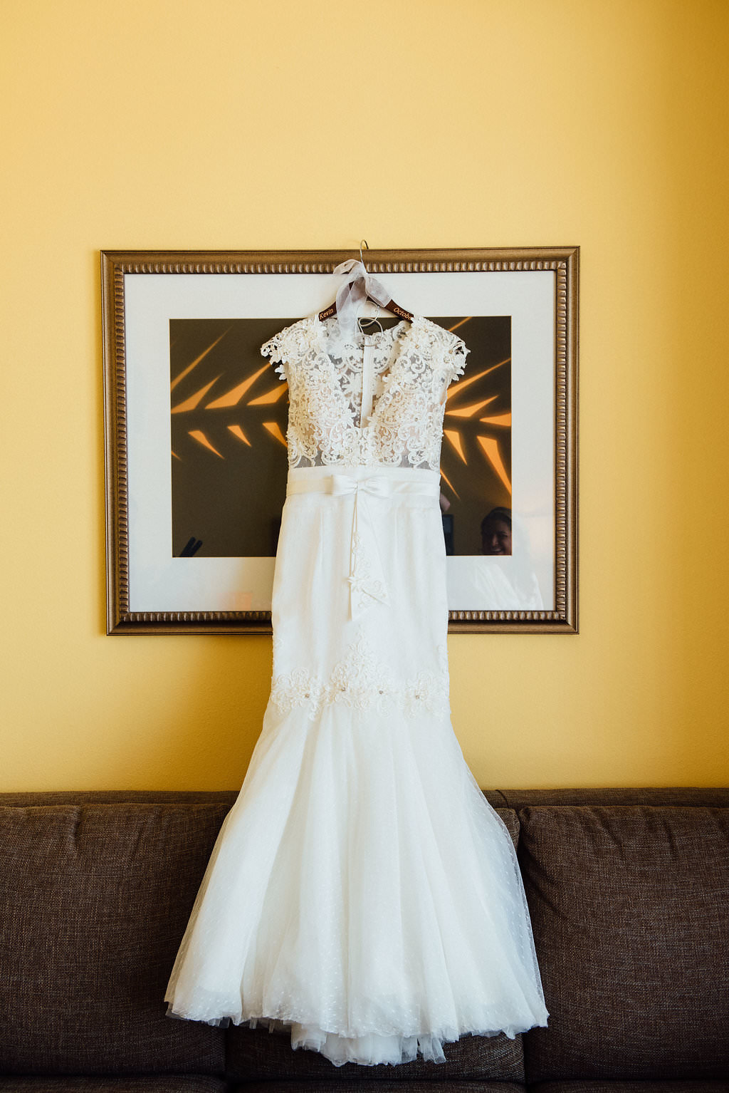 Sheer Lace V Neck Trumpet Wedding Dress on Hanger