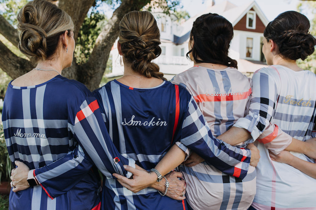 Outdoor Bridesmaids Getting Ready Portrait in Custom Embroidered Blue Red and White Plaid Shirts