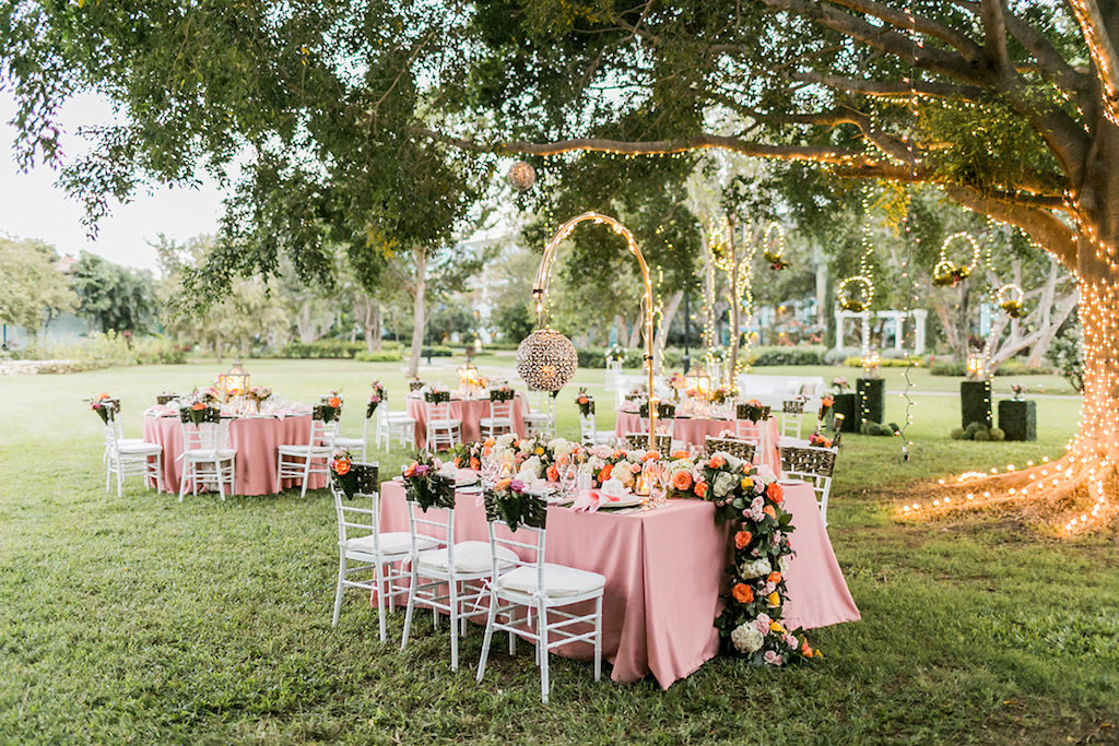 Sandals South Coast Jamaica Destination Caribbean Wedding Enchanted Garden Wedding Reception Decor & Centerpieces with Twinkle String Lights | Alexis June Weddings