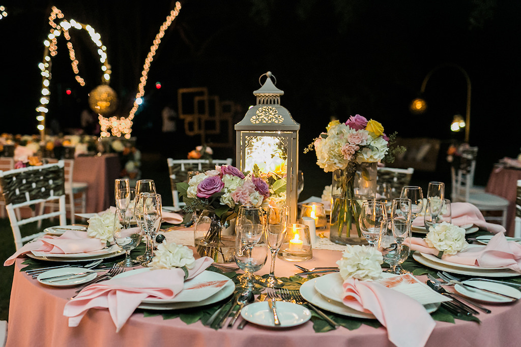 Sandals South Coast Jamaica Destination Caribbean Wedding Enchanted Garden Wedding Reception Decor & Centerpieces with Twinkle String Lights | Alexis June Weddings