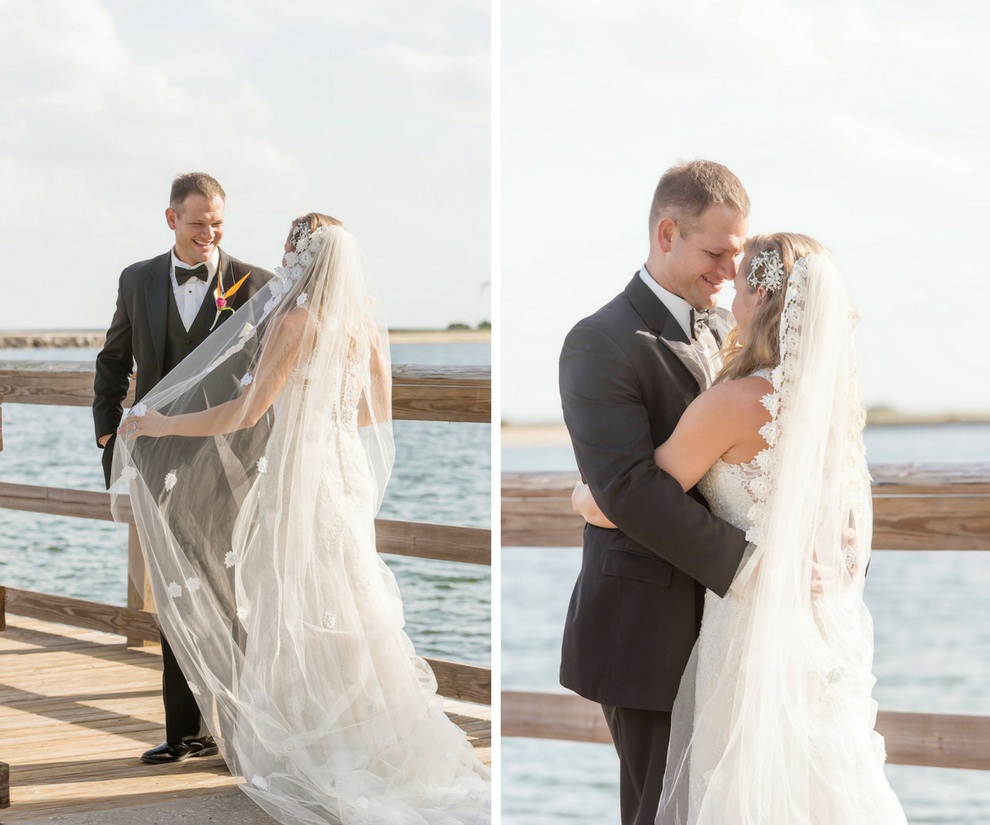 Outdoor Waterside First Look Portrait, Bride in Vintage Floor Length Lace Veil with Silver Hair Accessory, Groom with Tropical Orange and Pink Bird of Paradise Boutonniere | St Pete Wedding Photographer Kristen Marie Photography