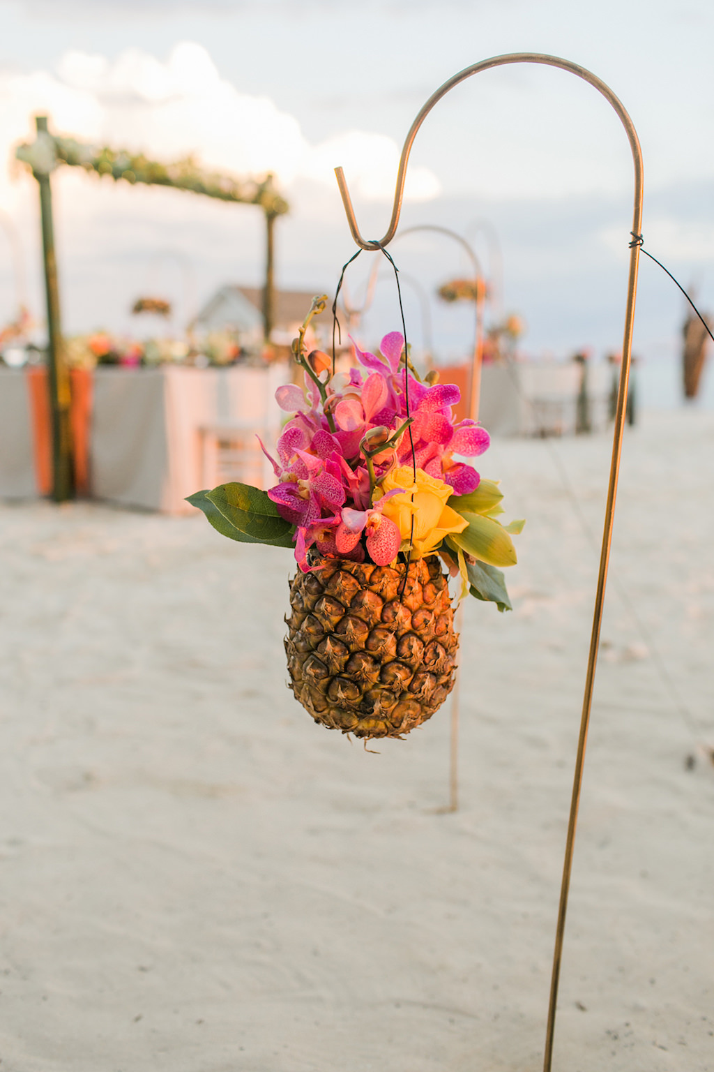 Sandals South Coast Jamaica Destination Caribbean Wedding Tropical Beach Wedding Reception Decor Pineapple Floral Holder | Alexis June Weddings