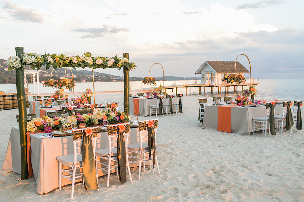Sandals South Coast Jamaica Destination Caribbean Wedding Tropical Beach Wedding Reception Decor and Centerpieces | Alexis June Weddings
