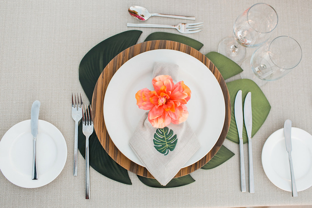 Sandals South Coast Jamaica Destination Caribbean Wedding Tropical Beach Wedding Reception Decor with Bamboo Charger and Palm Leaf Place Mat | Alexis June Weddings