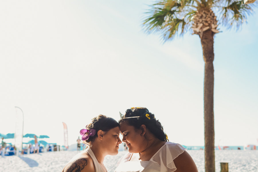 Outdoor Beach Same Sex Gay Wedding Bridal Portrait with Purple and Yellow Hair Accessories and Princess Tiara | Tampa Bay Disney Inspired Wedding