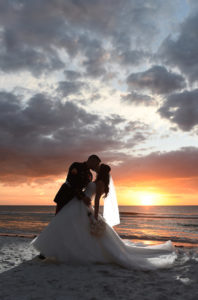 Sunset Beach Wedding Portrait, Groom in Marine Uniform, Bride with Blush Rose Bouquet | St Pete Beach Wedding
