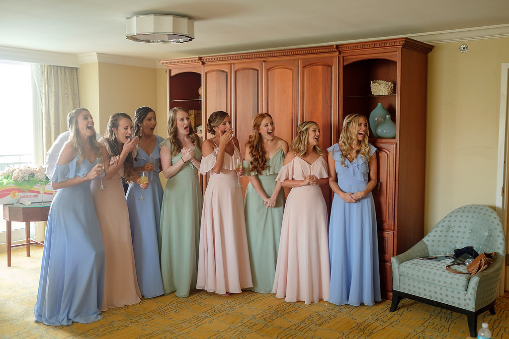 Bridal Party First Look Portrait in Mismatched Morilee Bridesmaids Dress in Blush Pink, Dusty Blue, and Sage Green | Tampa Wedding Photographer Marc Edwards Photographs