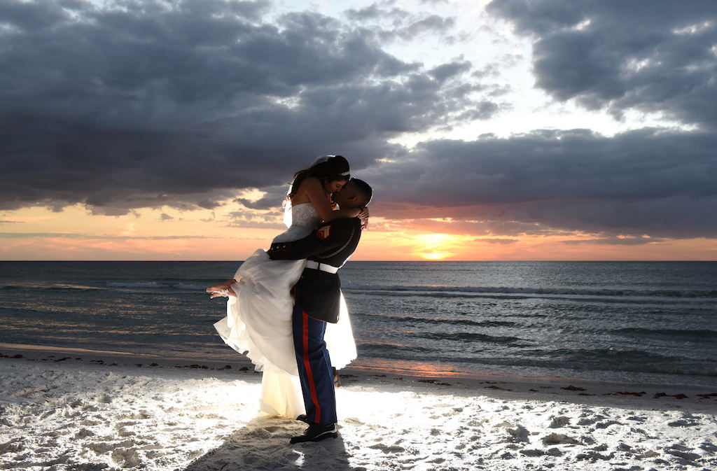 Sunset Beach Wedding Portrait, Groom in Marine Uniform | St Pete Beach Wedding